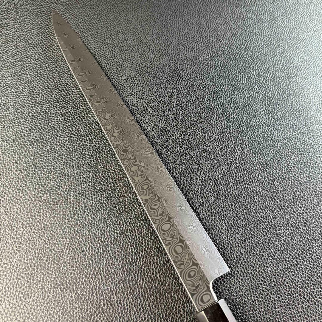 9493 新品 ダマスカス 柳刃包丁 尺 風紋の刃 105層 黒檀黒水牛角八角柄