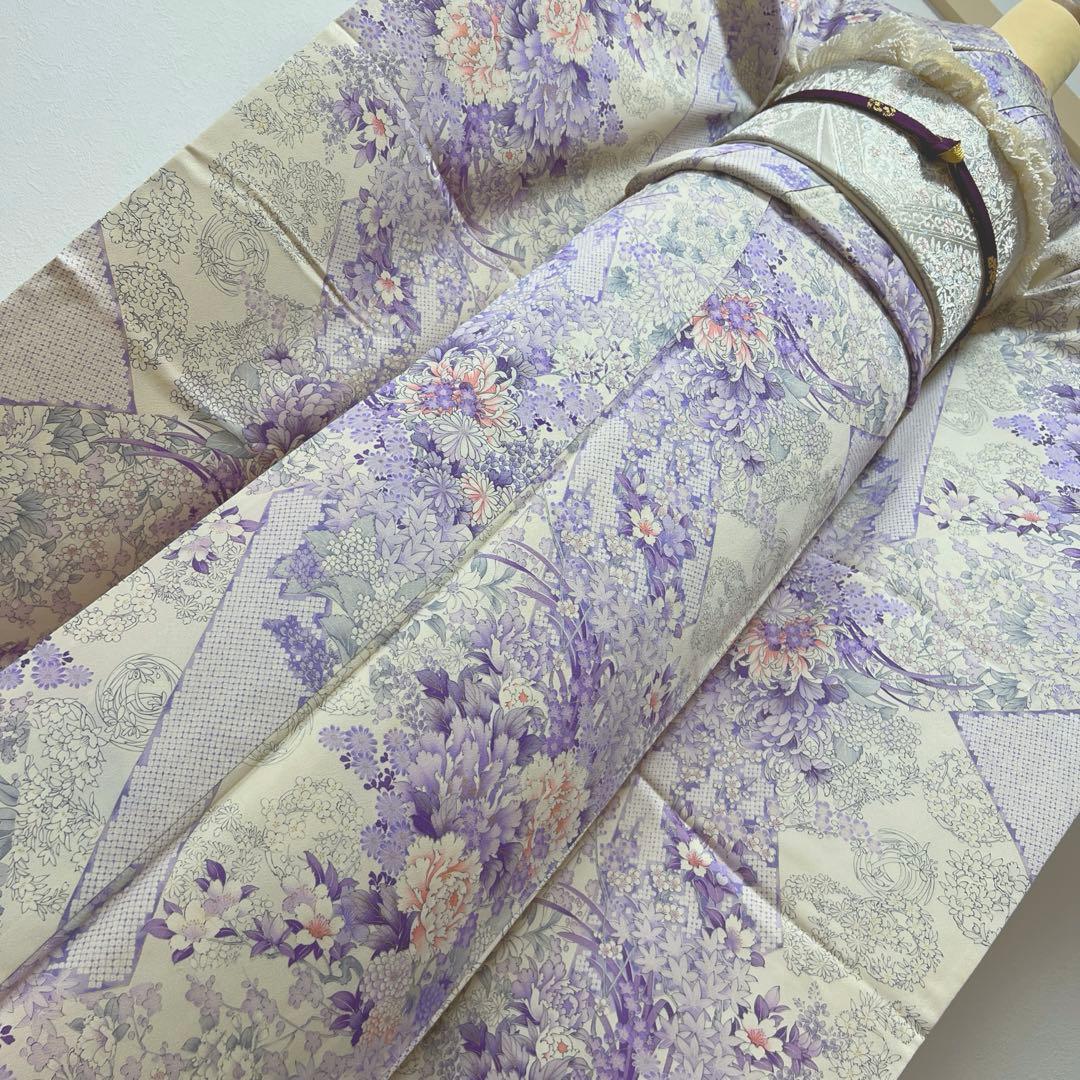 407 振袖フルセット 正絹 薄紫 白 オフホワイト 金彩 総柄 フェミニン