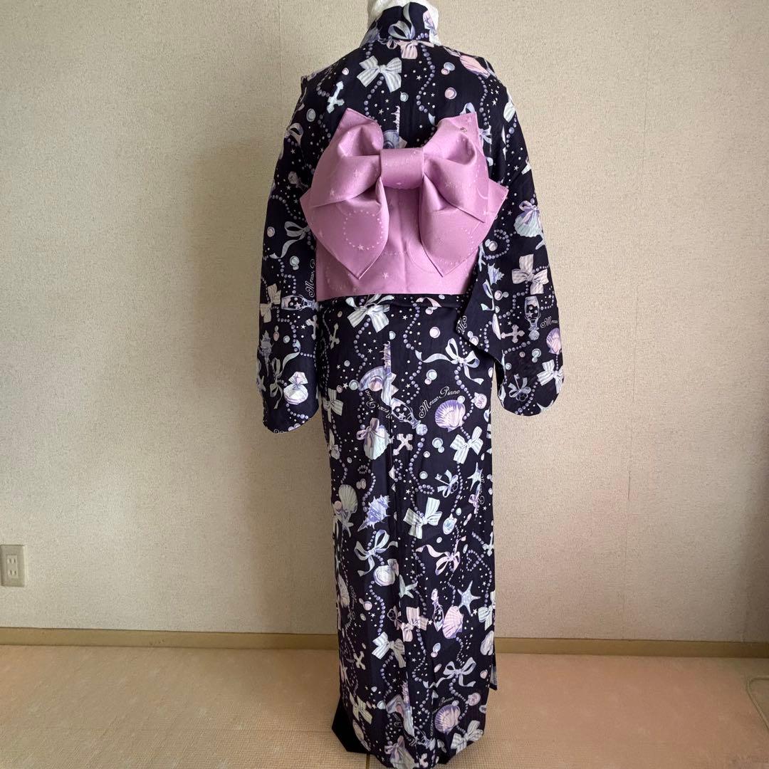 メゾピアノジュニア【150】浴衣 リボン 貝殻 メルヘン 作り帯 ポーチ付き 綿
