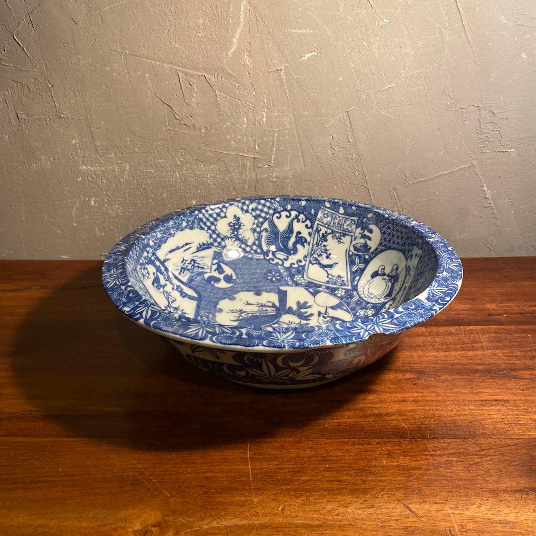 時代物 骨董品 印判大鉢 30cm 図変わり 鯉 うさぎ 蛇目高台 コレクション