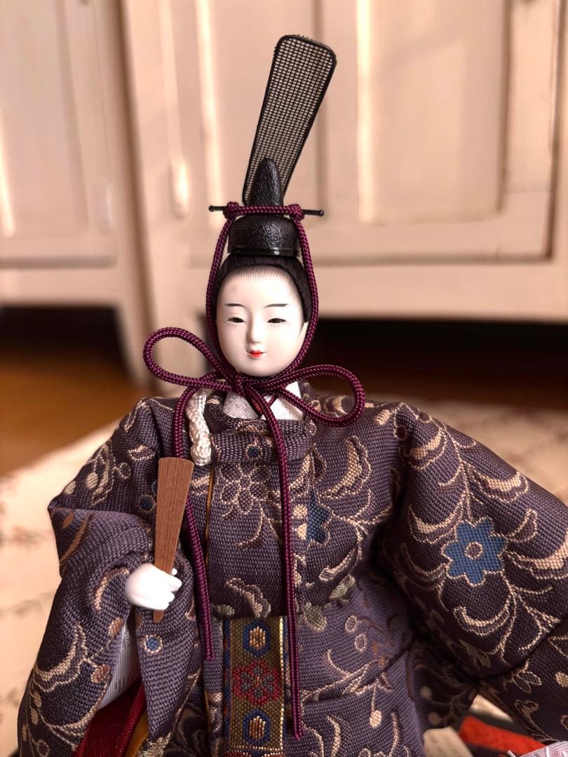 雛人形　コンパクト　ガラスケース付　親王飾り　立雛　桜　十二単　油灯　柴田家千代