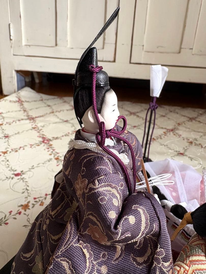 雛人形　コンパクト　ガラスケース付　親王飾り　立雛　桜　十二単　油灯　柴田家千代