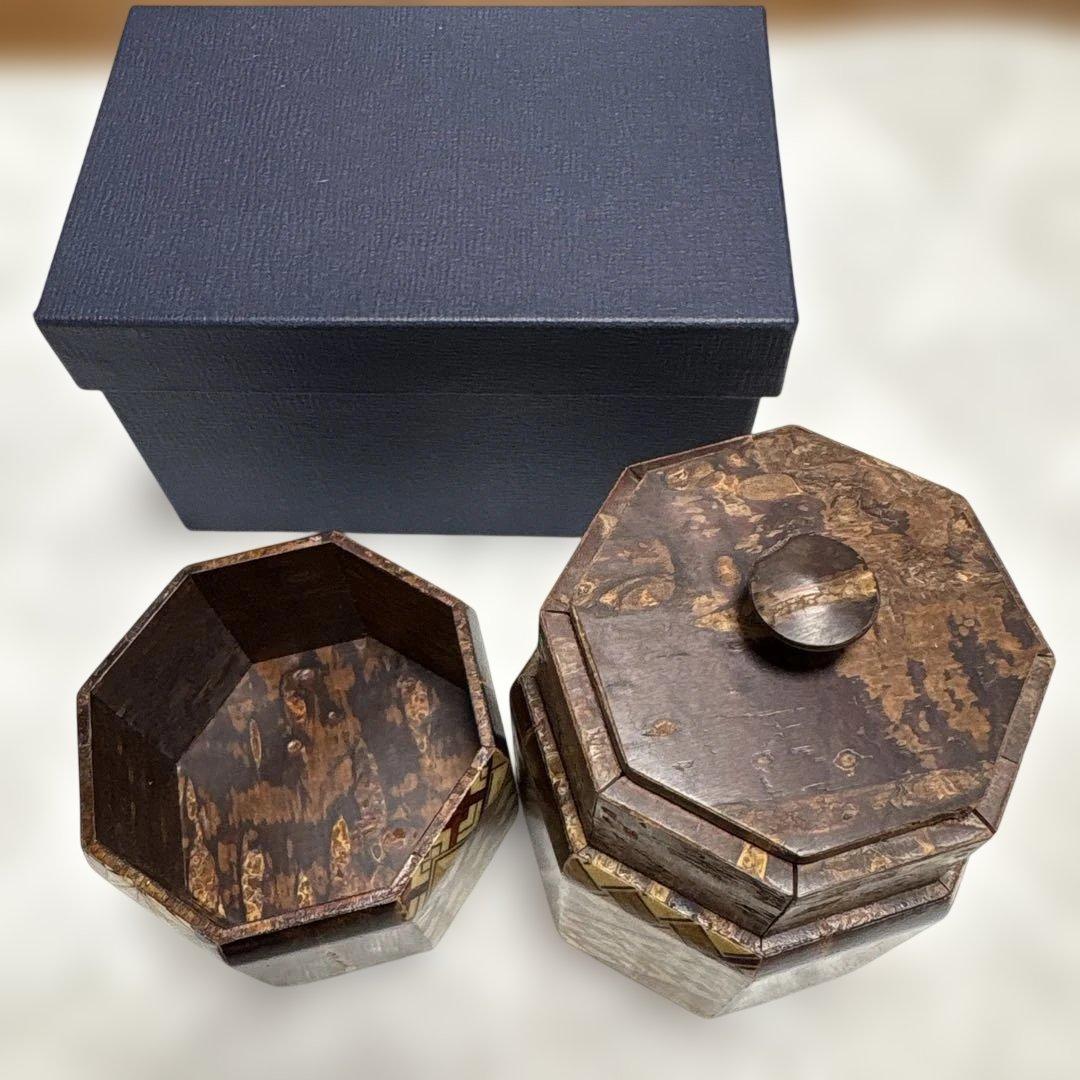 【希少・未使用】寄木細工 茶筒 八角形 内蓋も木製 説明書付き 縁起物