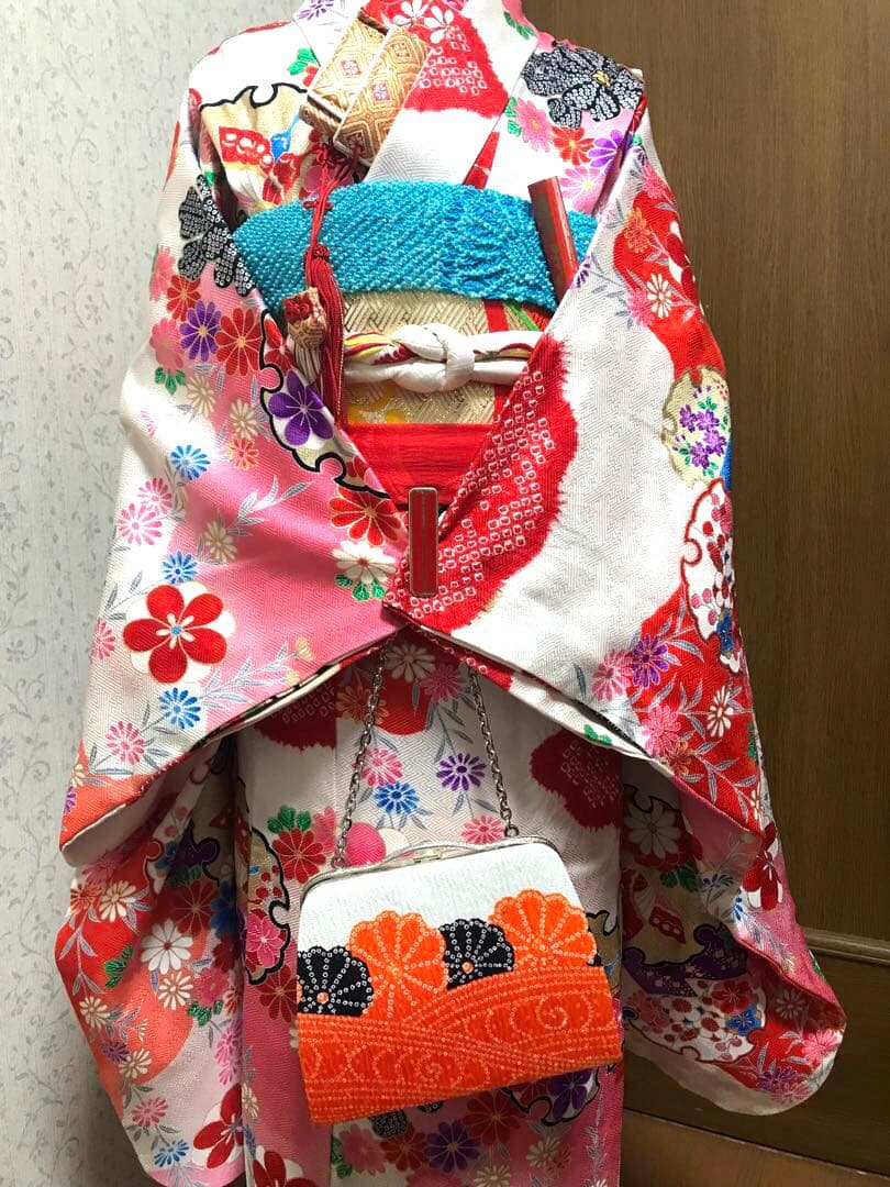七五三7歳着物セット　正絹　絞り入り　可愛い和花　蝶❤️髪飾り　バック