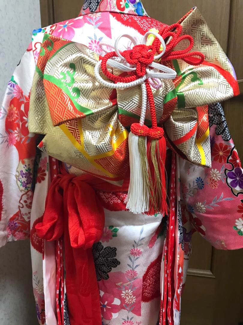 七五三7歳着物セット　正絹　絞り入り　可愛い和花　蝶❤️髪飾り　バック