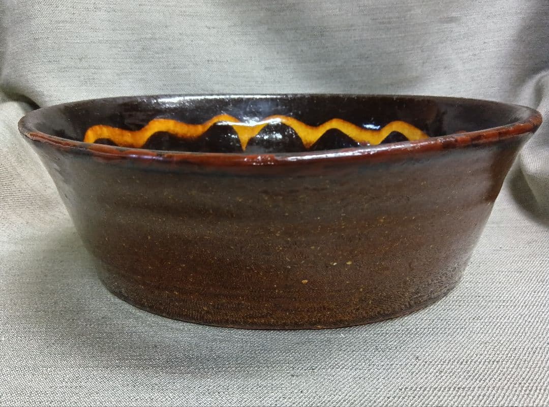 民芸　布志名焼　船木道忠　スリップウエア　楕円深鉢