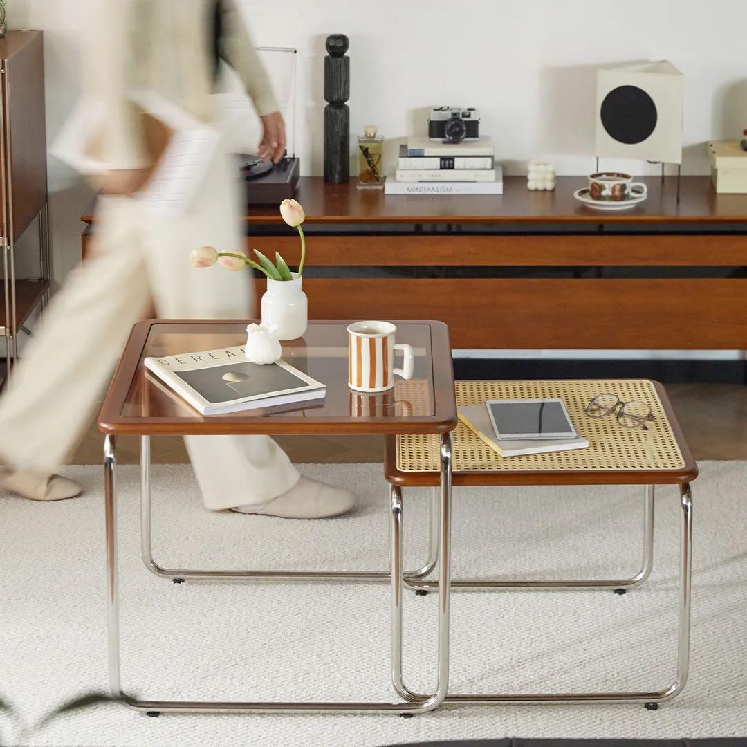 ラタン調　ツゲ材 ステンレス製木縁　ネストテーブル　caguuu