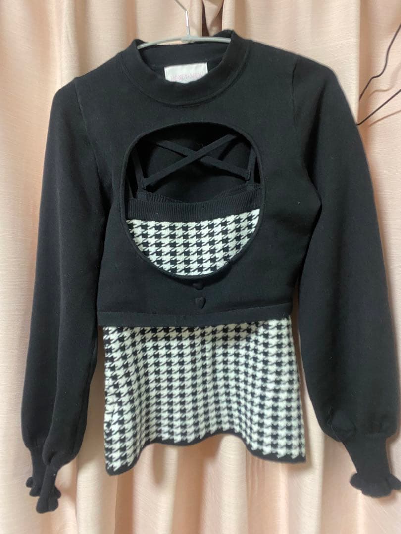 HONEYMEW風 千鳥柄ハイネックアンサンブルトップス ブラック XS