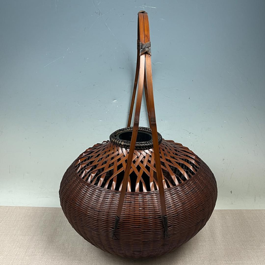 43『淡々斎好写 宝珠籠花入』 平安竹宝斎系統 共箱 落とし 竹籠 花生 茶道具