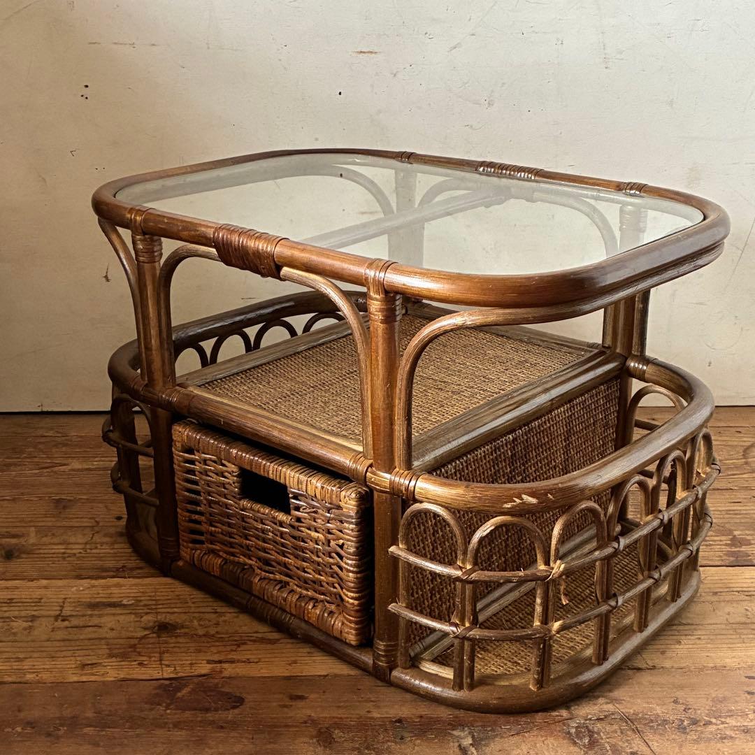 ヴィンテージ ラタン ガラステーブル レトロ