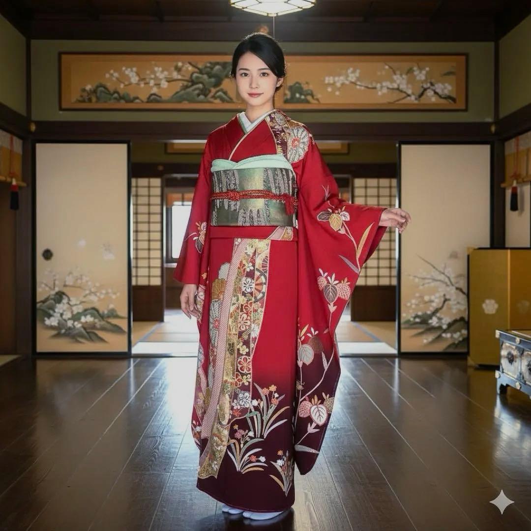 振袖フルセット　高身長　新品　手描き友禅　成人式振袖　振袖　裄丈69 赤