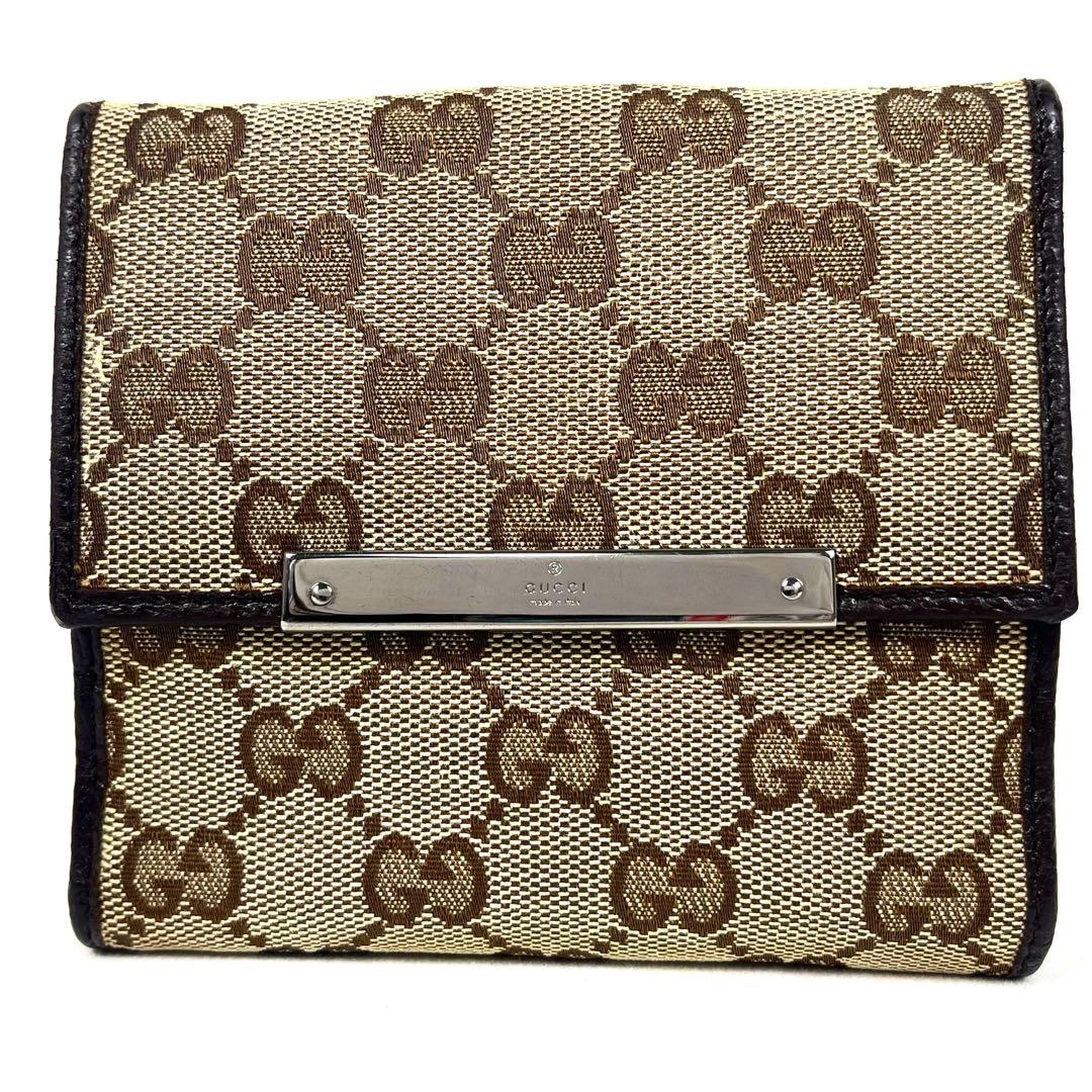 グッチ　折り財布　ロゴプレート　GGキャンバス　スクエア　コンパクト　レザー　美