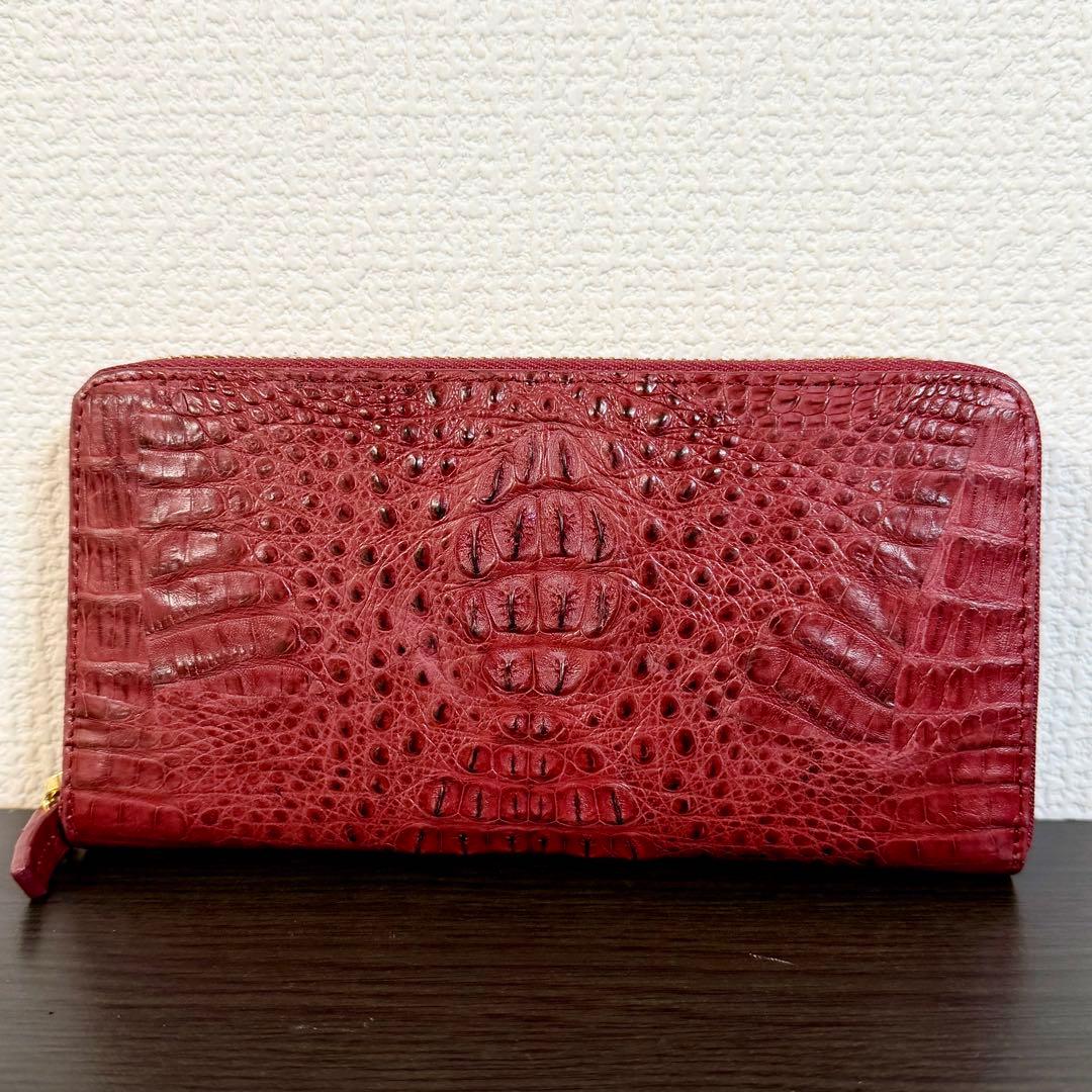未使用品 カイマンクロコダイル一枚革 長財布 ロングウォレット メンズ レッド