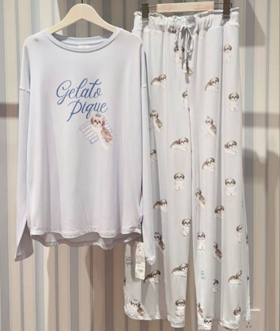 【上下セット】ジェラピケ　ジェラートピケ　シーズー柄ルームウェア　ブルー