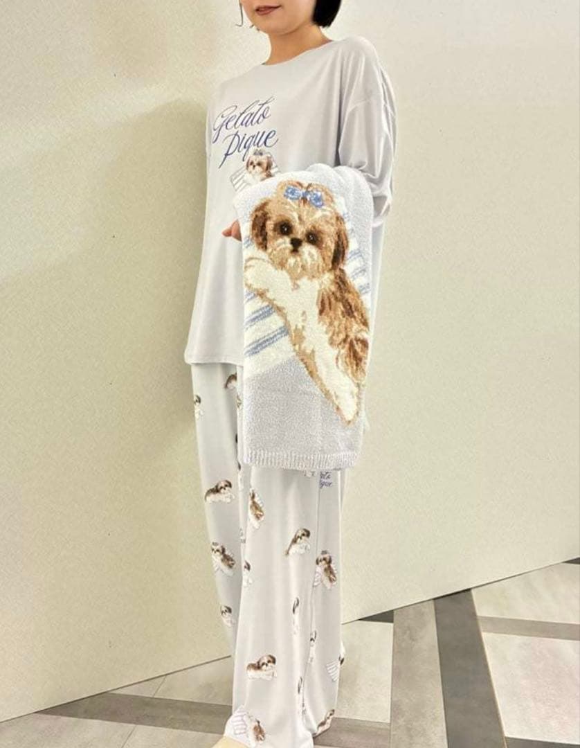【上下セット】ジェラピケ　ジェラートピケ　シーズー柄ルームウェア　ブルー
