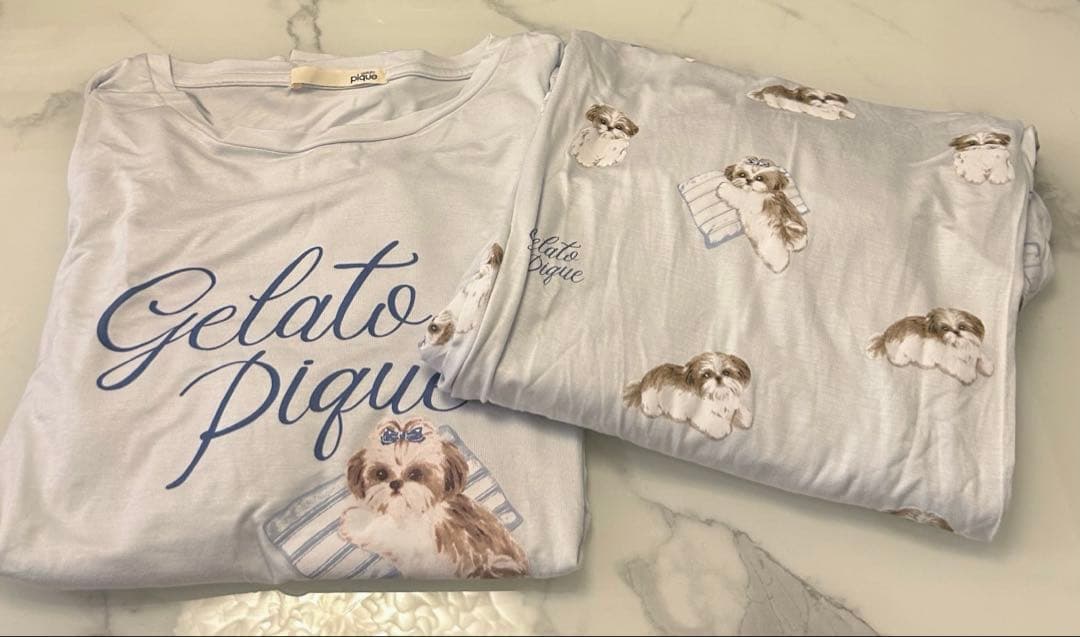 【上下セット】ジェラピケ　ジェラートピケ　シーズー柄ルームウェア　ブルー