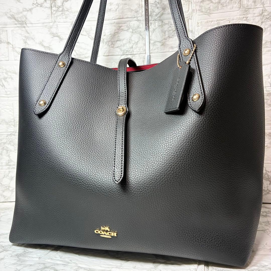 美品　コーチ 大容量 トートバッグ 本革 レザー 黒 ターンロック　マーケット
