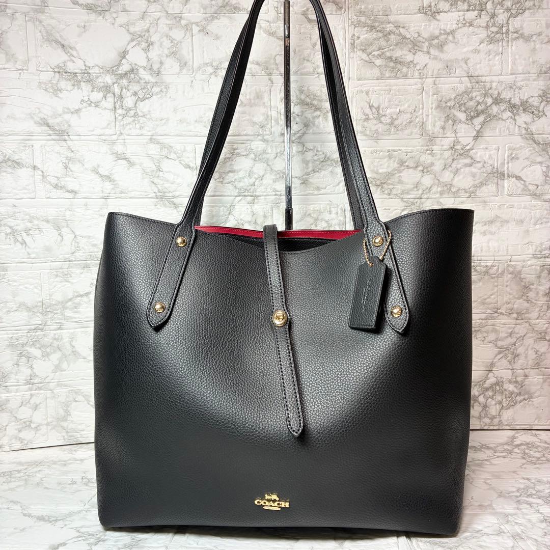 美品　コーチ 大容量 トートバッグ 本革 レザー 黒 ターンロック　マーケット