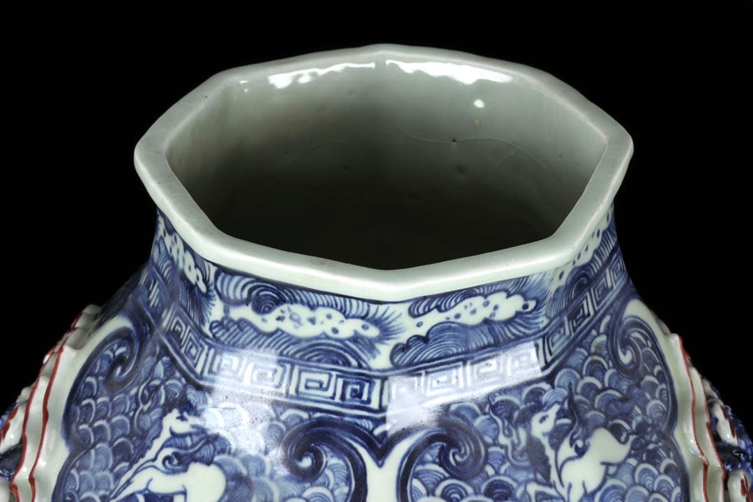 壺 中国古玩 青花釉裏紅透彫花弁麒麟紋壺 唐物 飾壺 花瓶 時代物 古美術 骨董