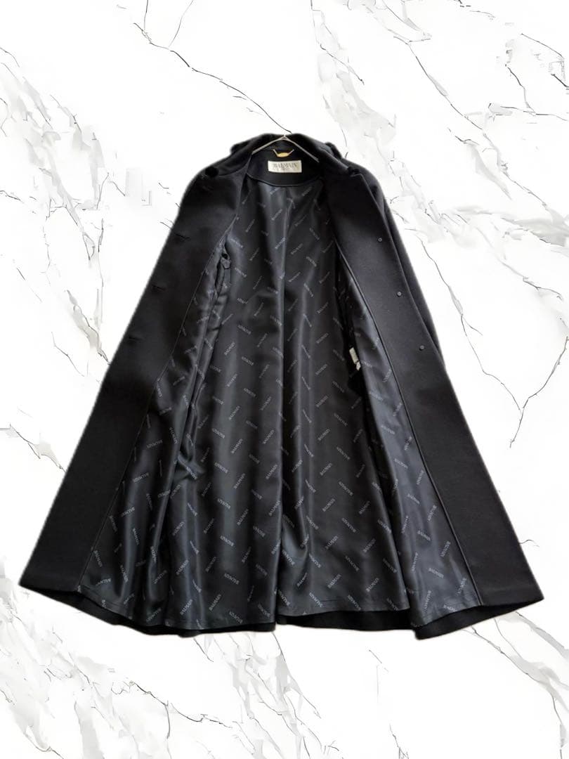 美品 BALMAIN バルマン ロングコート ウール×シルク ミンク襟付き