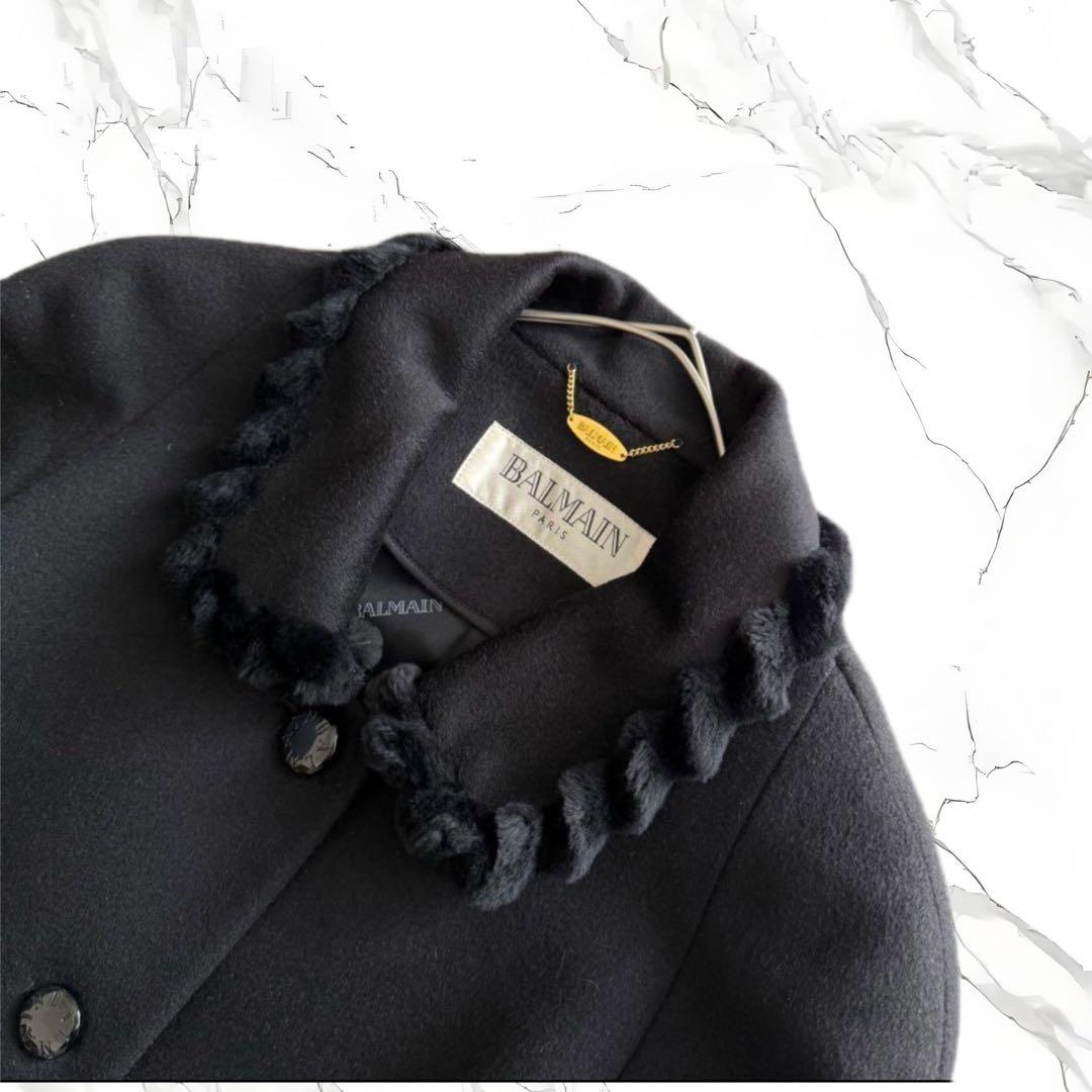 美品 BALMAIN バルマン ロングコート ウール×シルク ミンク襟付き