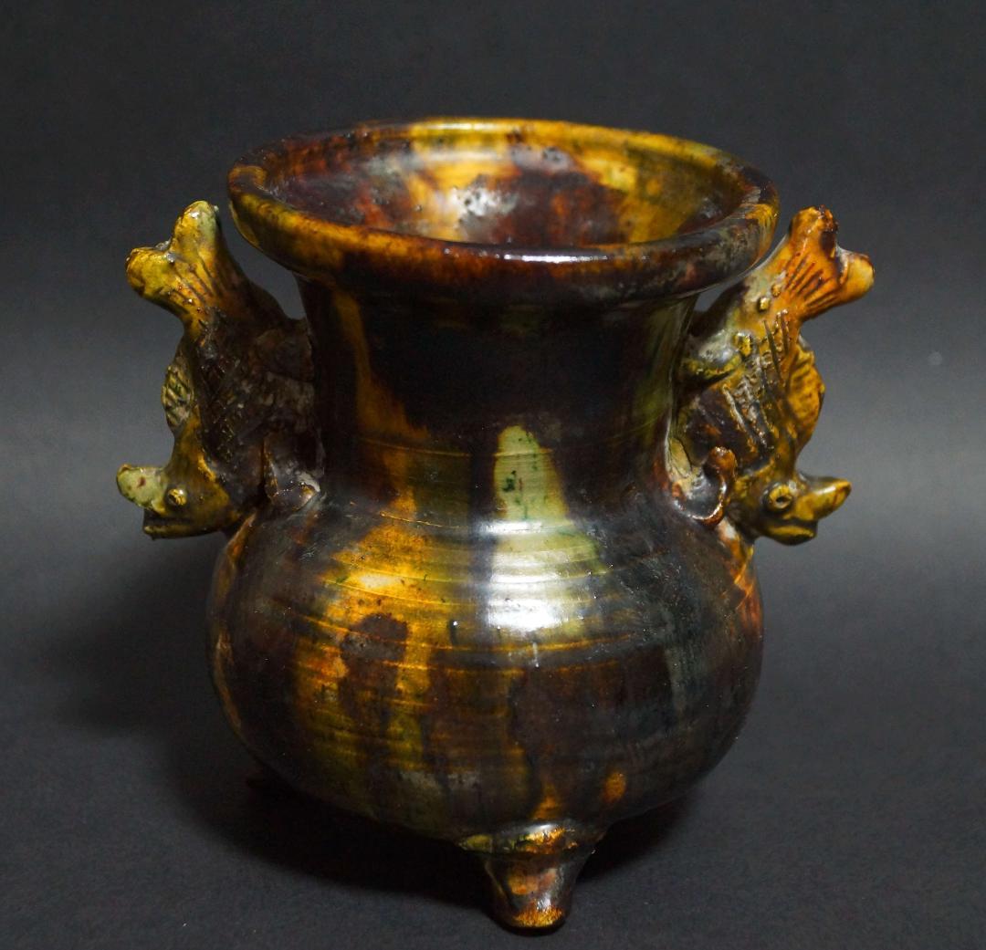 清 古交趾香炉 魚耳双耳 三つ足 箱付 茶事/茶道具★時代物★