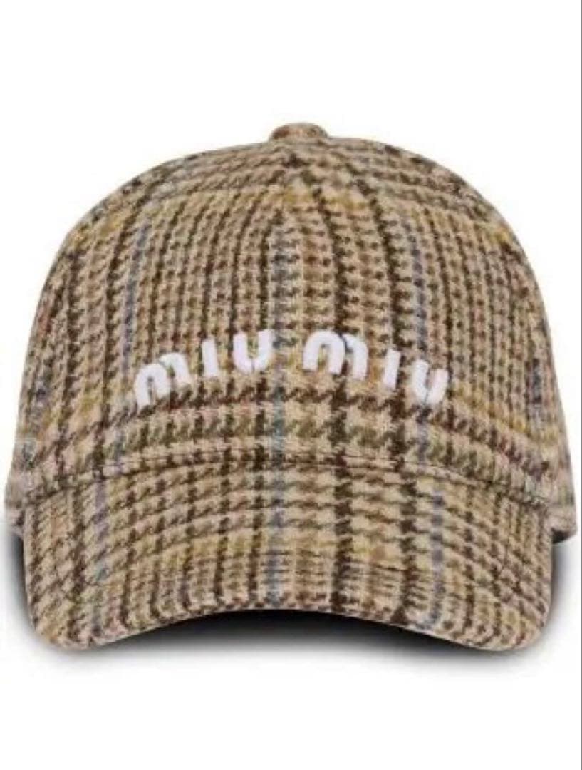 miumiu 2022-23 チェック ウール 刺繍ロゴ キャップ 帽子