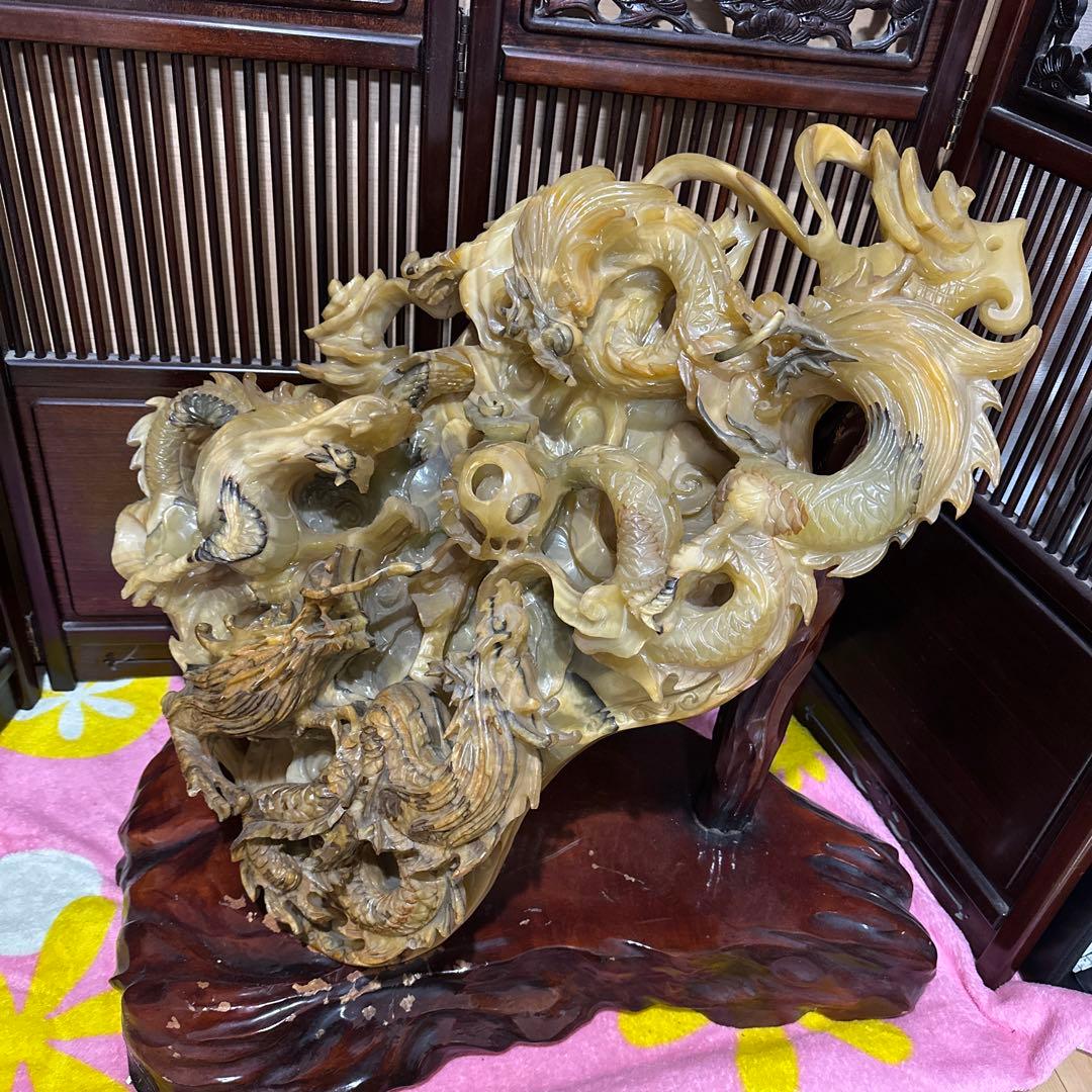 [引き取り限定] 特大　風水　重い　とても立派な龍彫刻　石彫刻　五龍図　木台付き