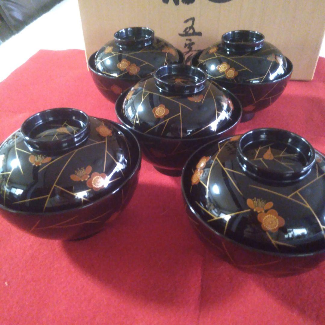 輪島塗　梅蒔絵入椀五客　未使用品