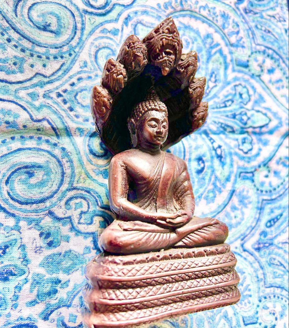 ミラクル起す魂入り仏！タイ国製　チーク木製　克明細工　縦14cmガーナ神と釈尊像