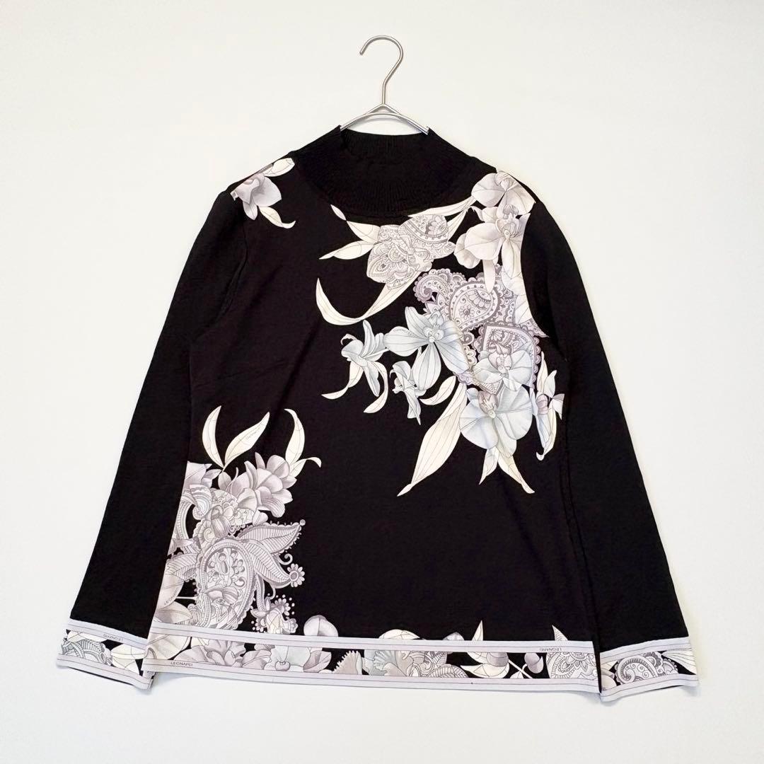 美品✨レオナール カンカン素材 花柄 薄手ニット切替トップス 黒 38