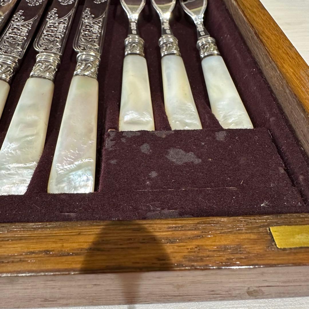 ⭐︎純銀継手 英国製 白蝶貝 マザーオブパールデザートナイフ&フォーク12本 木箱