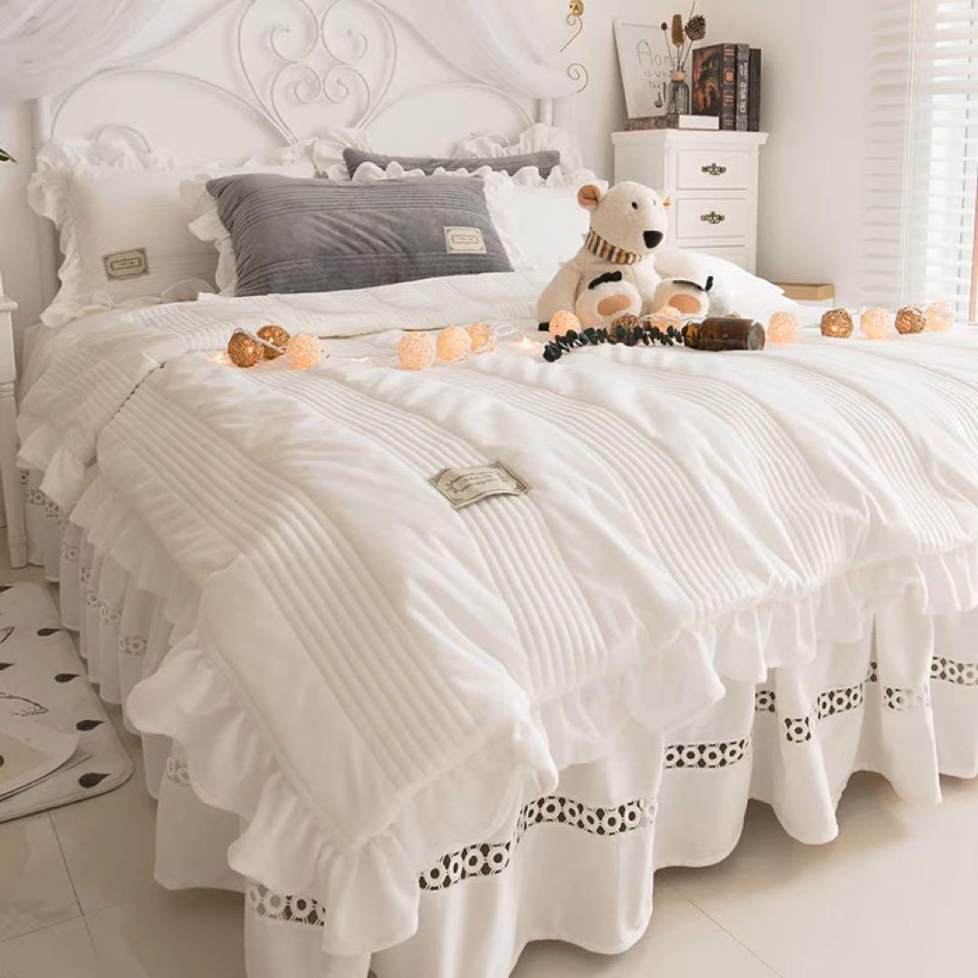 ホワイト コットン フリル付き セミダブルカバーセット