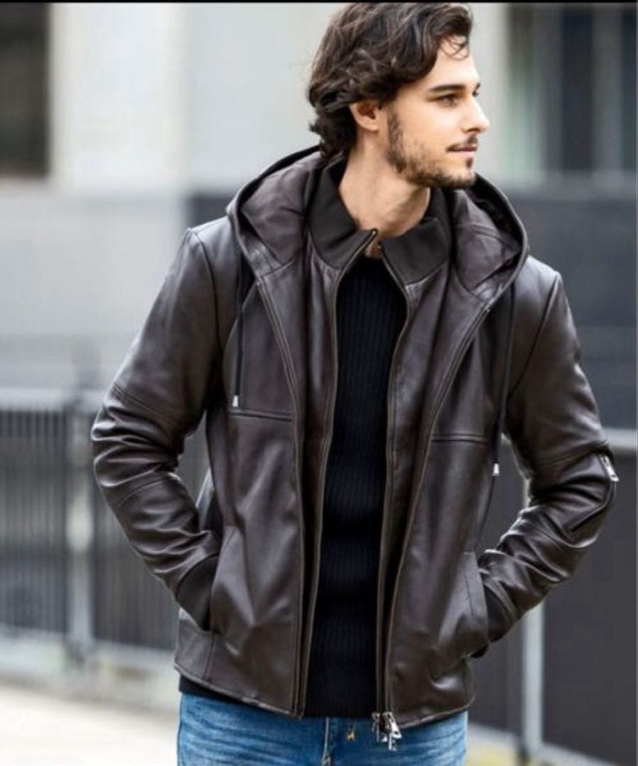 AKMコンテンポラリー レザー パーカー ジャケット ダークブラウン XL