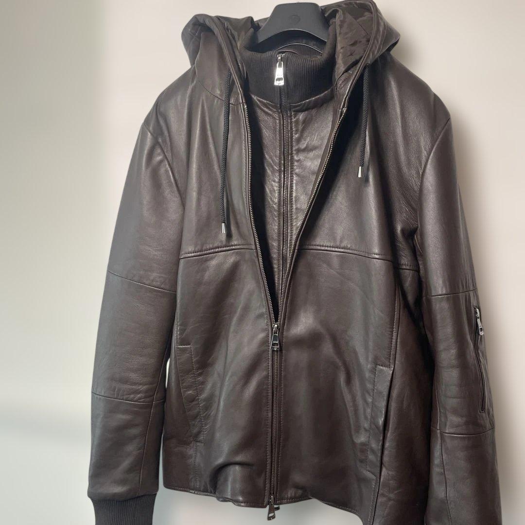 AKMコンテンポラリー レザー パーカー ジャケット ダークブラウン XL