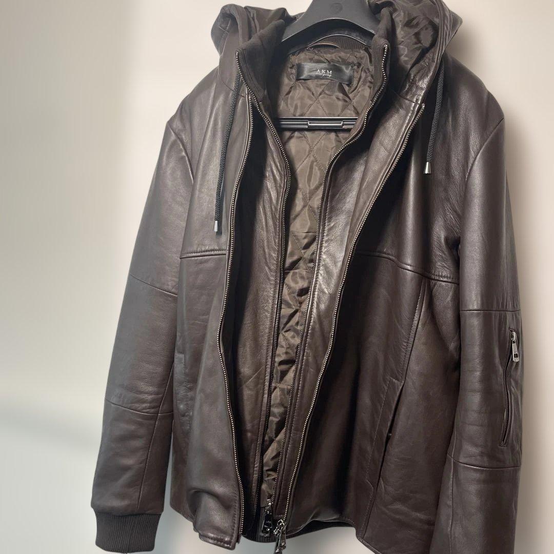 AKMコンテンポラリー レザー パーカー ジャケット ダークブラウン XL