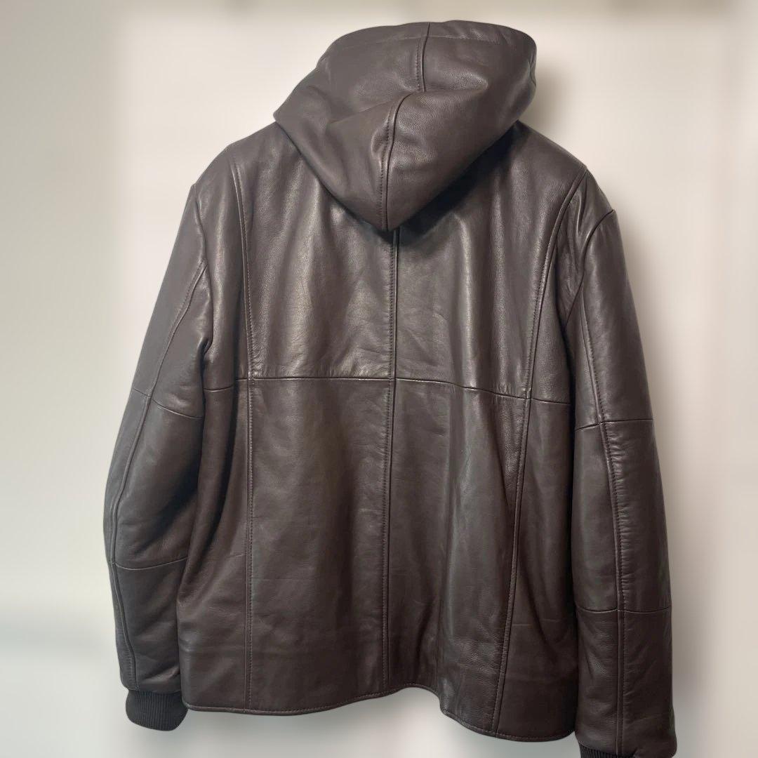 AKMコンテンポラリー レザー パーカー ジャケット ダークブラウン XL