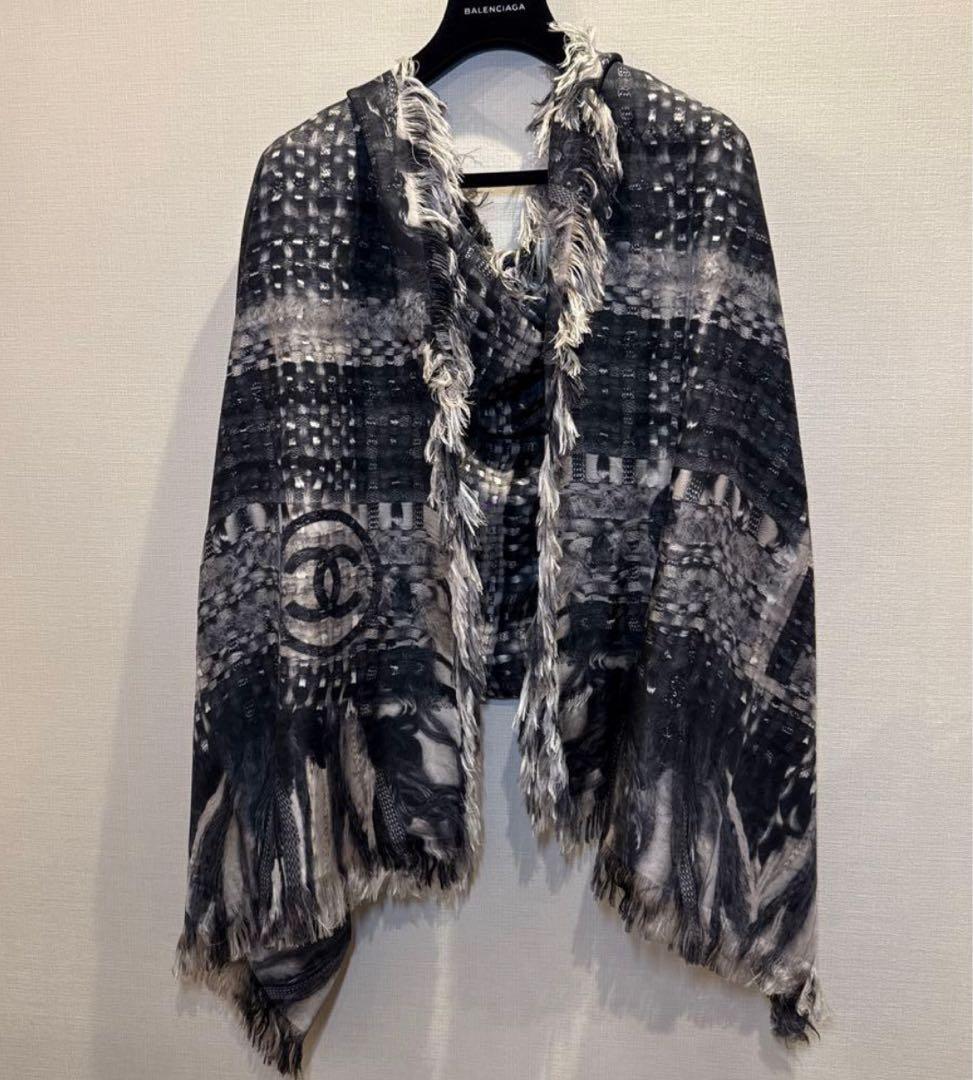 CHANELシャネル ストール フリンジ シルク100%大判 ブラック