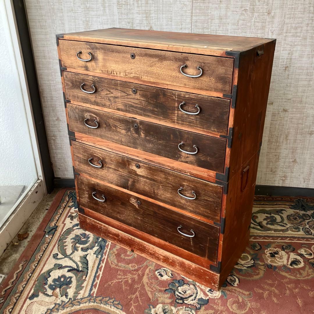 昭和レトロ 古家具 木製箪笥 5段 引き出し箪笥 シャビーな風合い ビンテージ