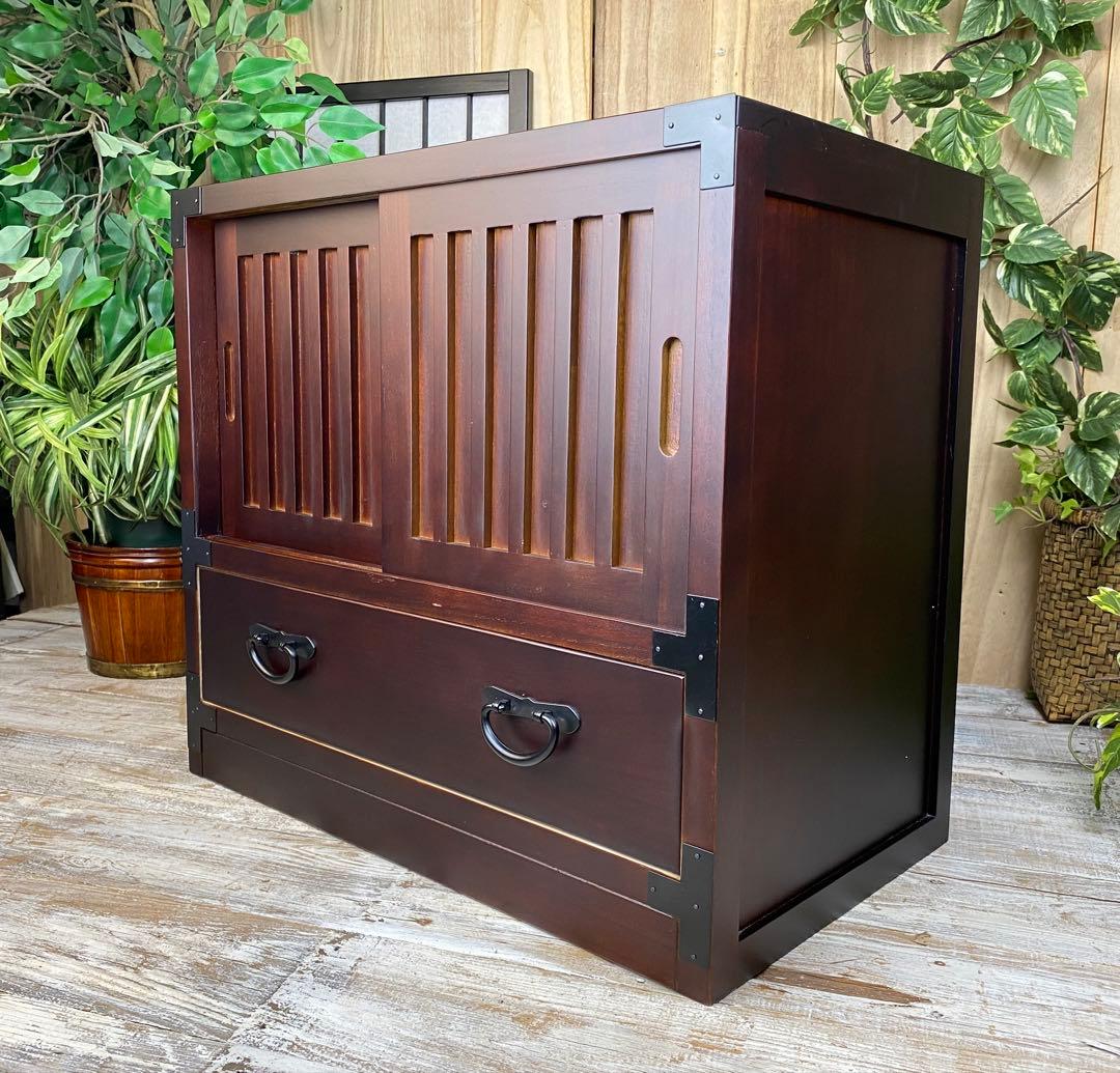 民芸家具木製桐材天然無垢引き戸付きタンスチェスト収納飾り棚箪笥和室インテリア