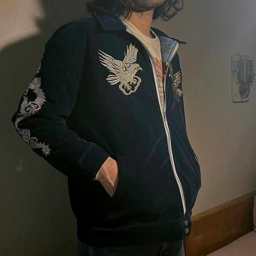 【スカブルゾン】刺繍ドラゴンと鷲の別珍ジャンパー　紺２XL