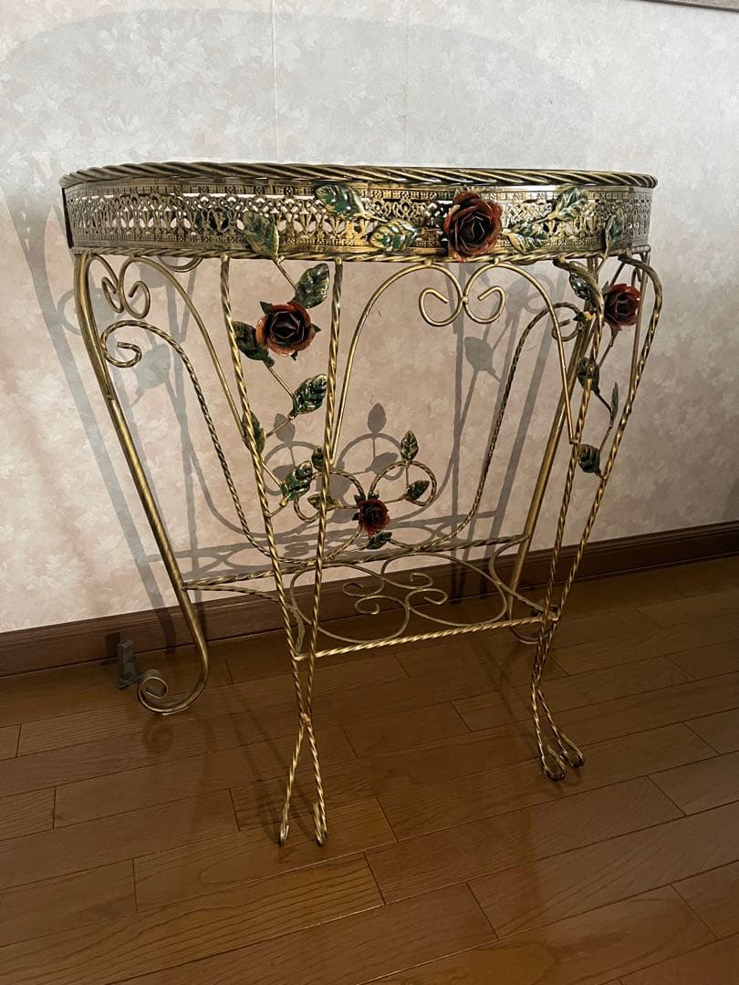 バラガラステーブル、バラアイアンテーブル、花台、フラワーテーブル ローズテーブル