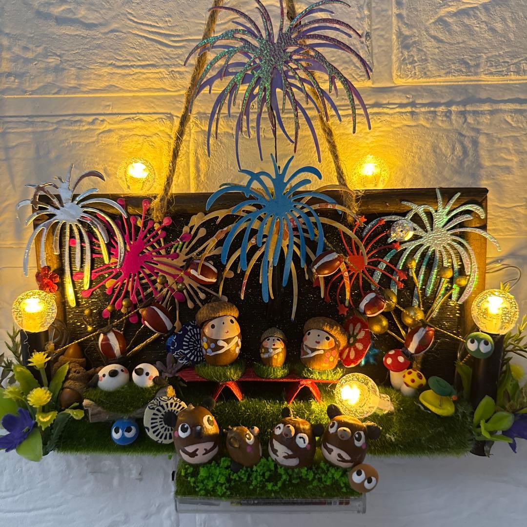 どんぐりアート♡タペストリー風ライト付きオブジェ2点　二段リース　計3点♡