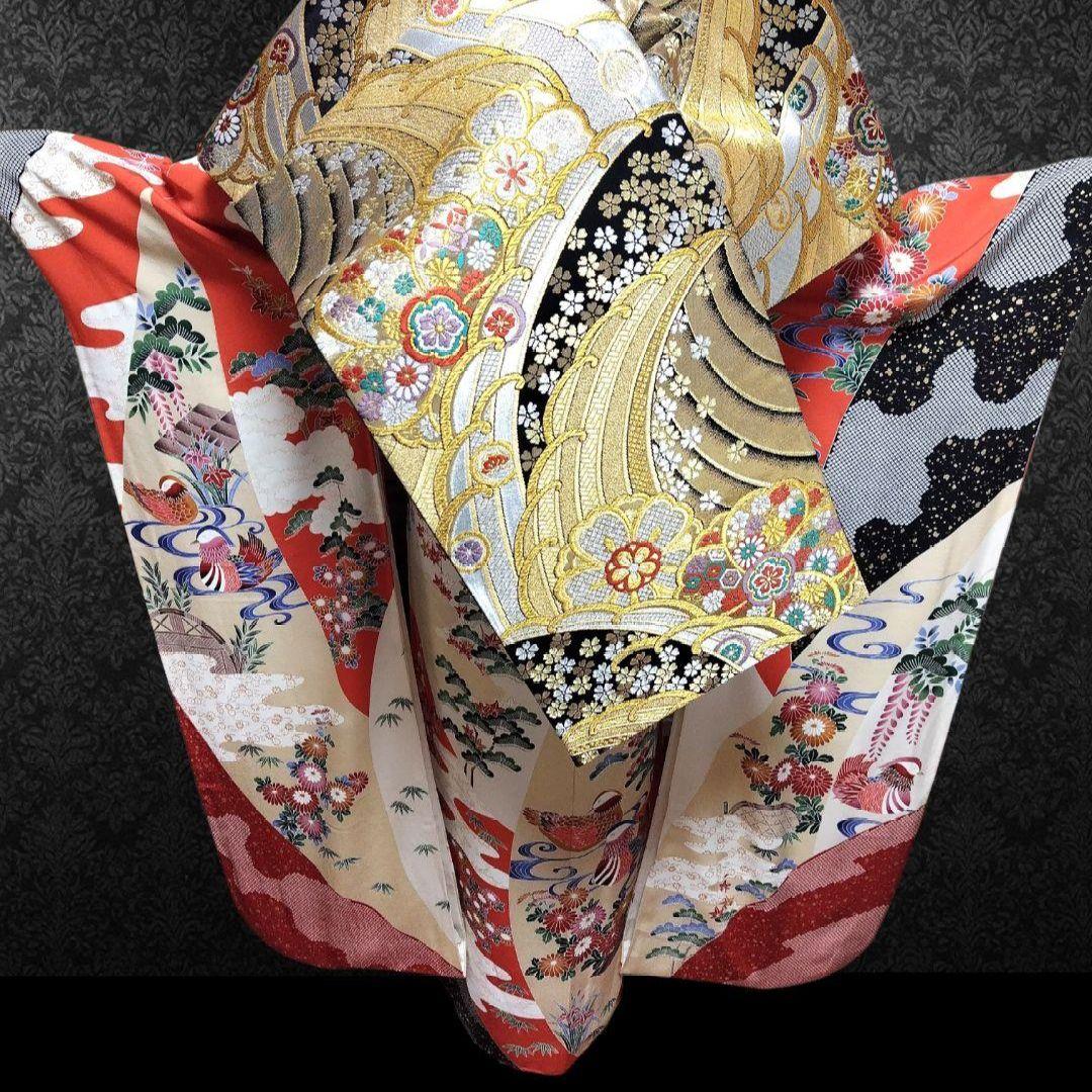 振袖フルセット(6点)・高級古典柄・友禅染め・箔散らし・金彩加工・鴛鴦・正絹