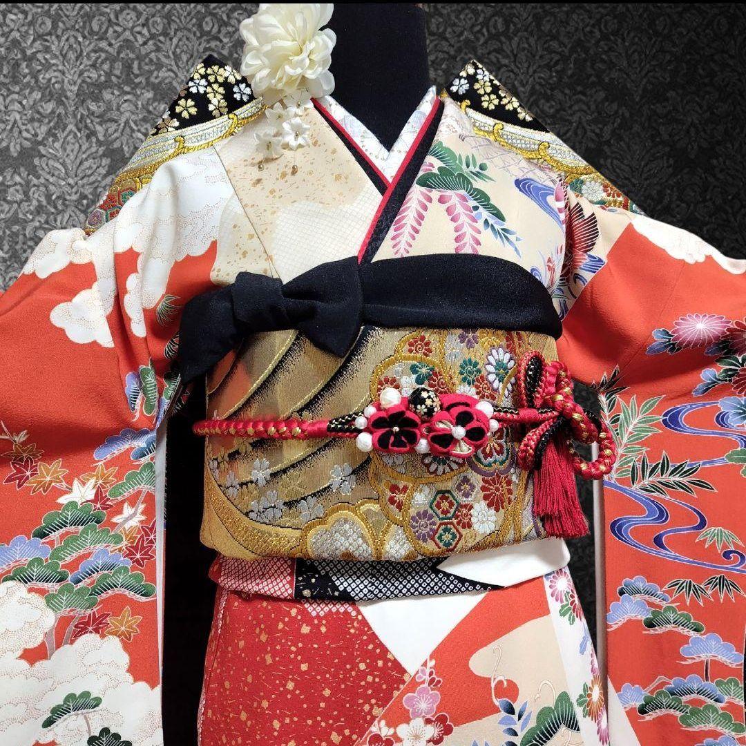 振袖フルセット(6点)・高級古典柄・友禅染め・箔散らし・金彩加工・鴛鴦・正絹