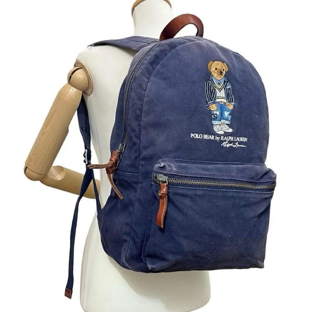 良品 ポロラルフローレン リュック バックパック ポロベア キャンバス ネイビー