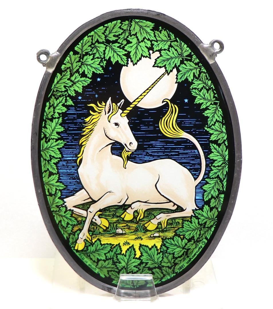 満月の夜に佇むユニコーン ヴィンテージステンドグラス タペストリー ティファニー