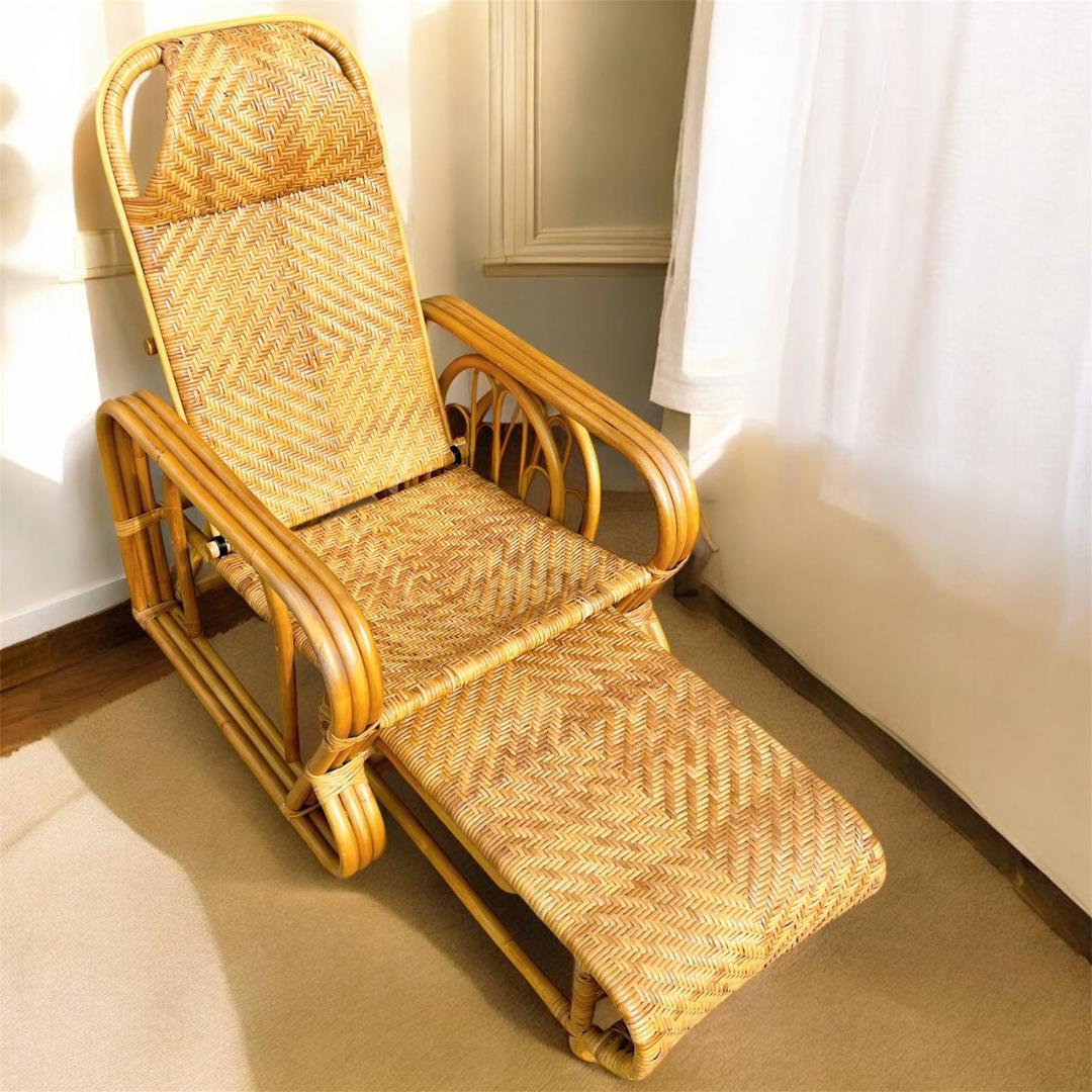 【送料無料】 ラタン リクライニングアームチェア マガジンラック オットマン