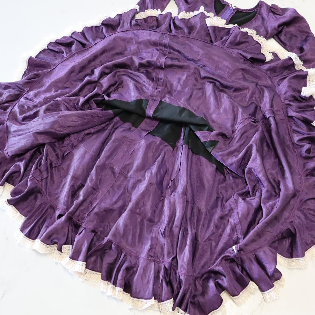 【美品 フラメンコ衣装】光沢パープル×柄×レース地 ドレス Flamenco