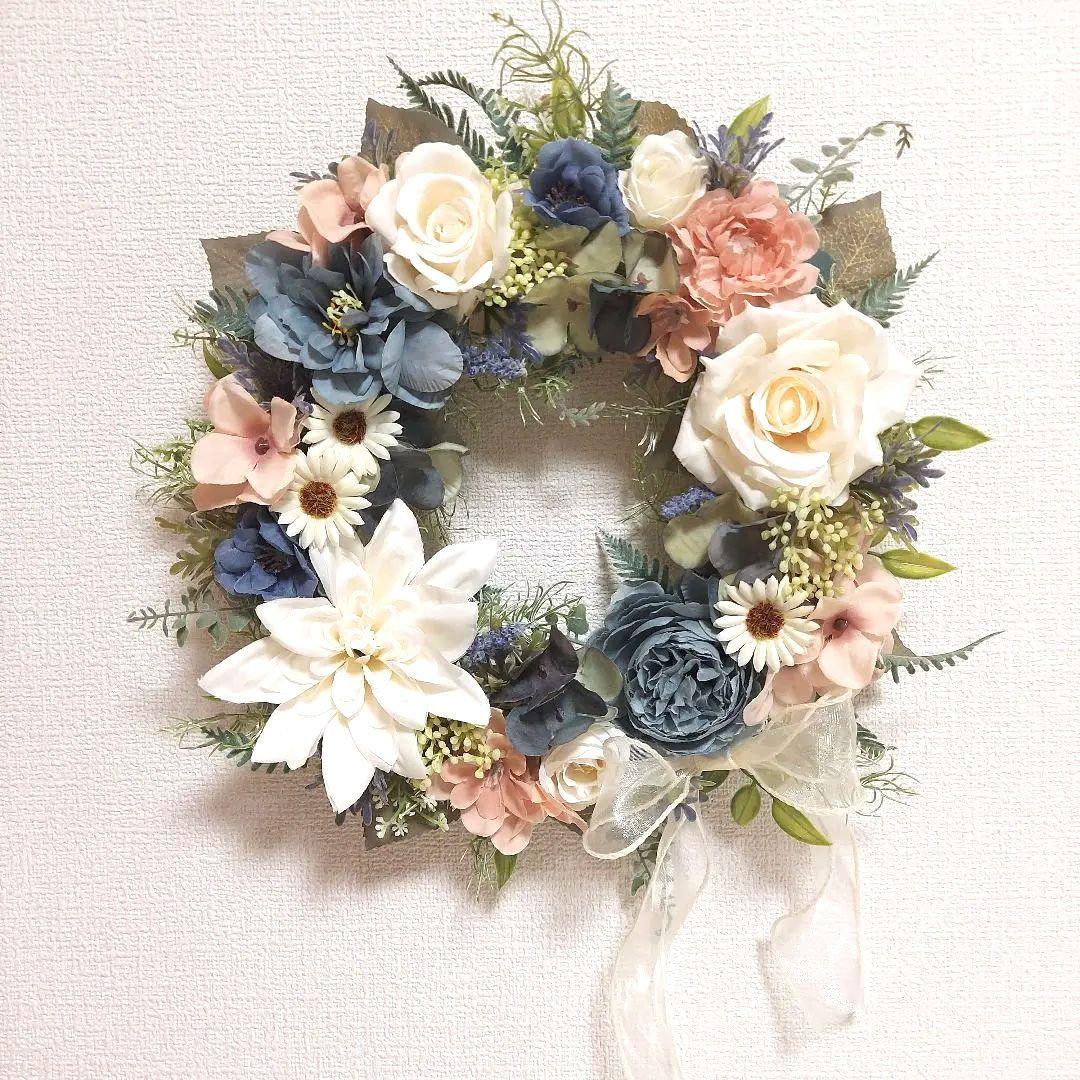 フラワーリース 夏めく15  咲き誇る優しいお花たち 玄関リース 造花
